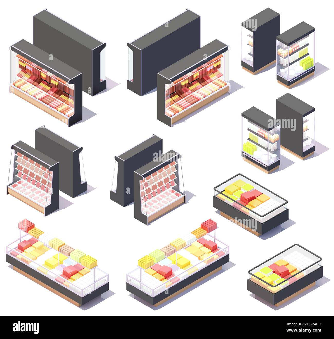 Vector isometric supermarket or meat department store showcase display fridges, refrigerator and shelves for meat, sausages, dairy, convenience food Stock Vector
