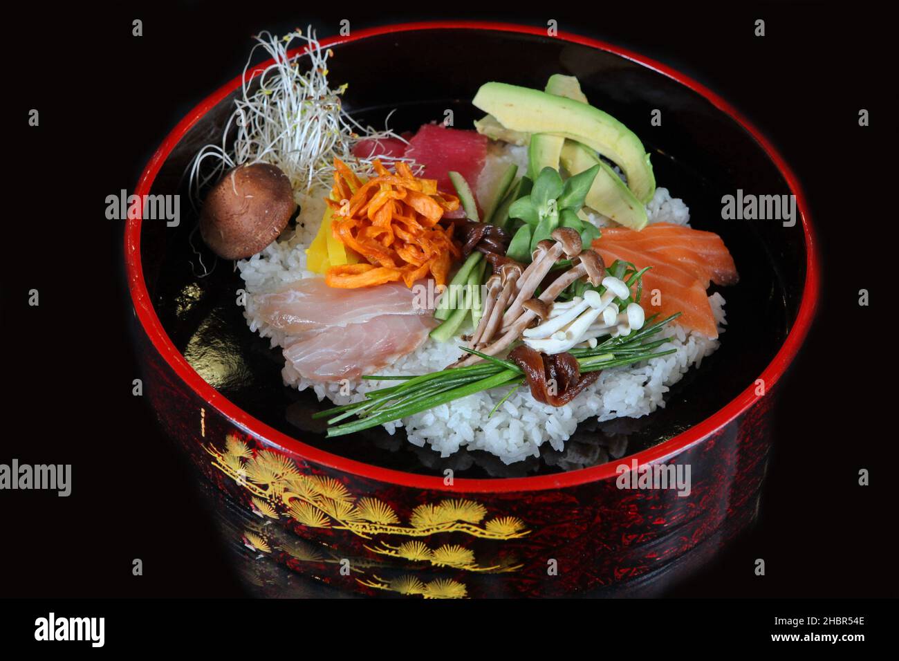 Japanese Sashimi (Raw Fish) vegetables and rice Stock Photo