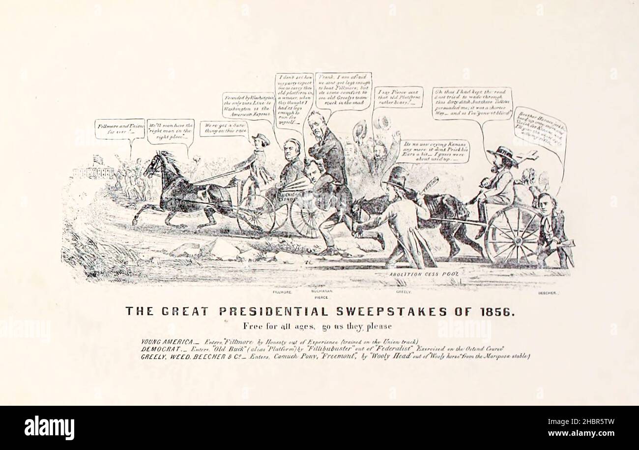 THE GREAT PRESIDENTIAL SWEEPSTAKES OF 1856 Free for all ages. Go as they please  from a collection of Caricatures pertaining to the Civil War published in 1892 on Heavy Plate Paper Stock Photo