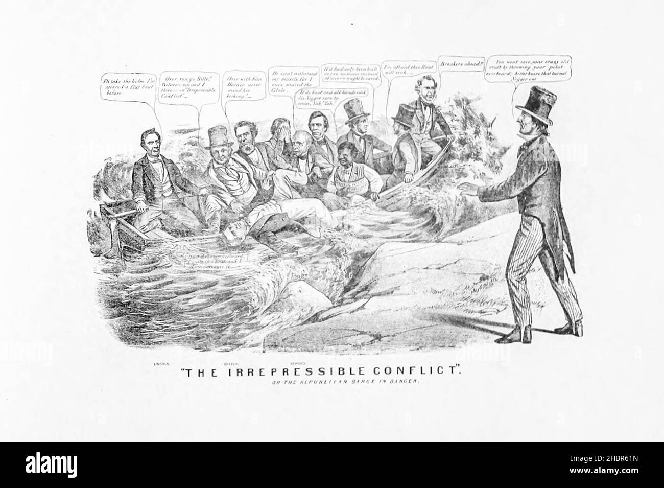 THE IRREPRESSIBLE CONFLICT or The Republican Barge in Danger  from a collection of Caricatures pertaining to the Civil War published in 1892 on Heavy Plate Paper Stock Photo