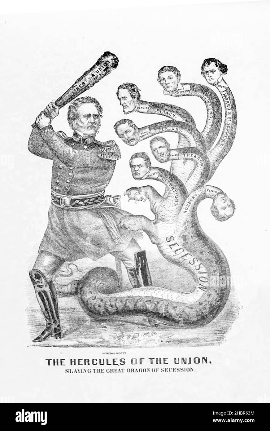 The Hercules of the Union Slaying the Dragon of Secession from a collection of Caricatures pertaining to the Civil War published in 1892 on Heavy Plate Paper Stock Photo