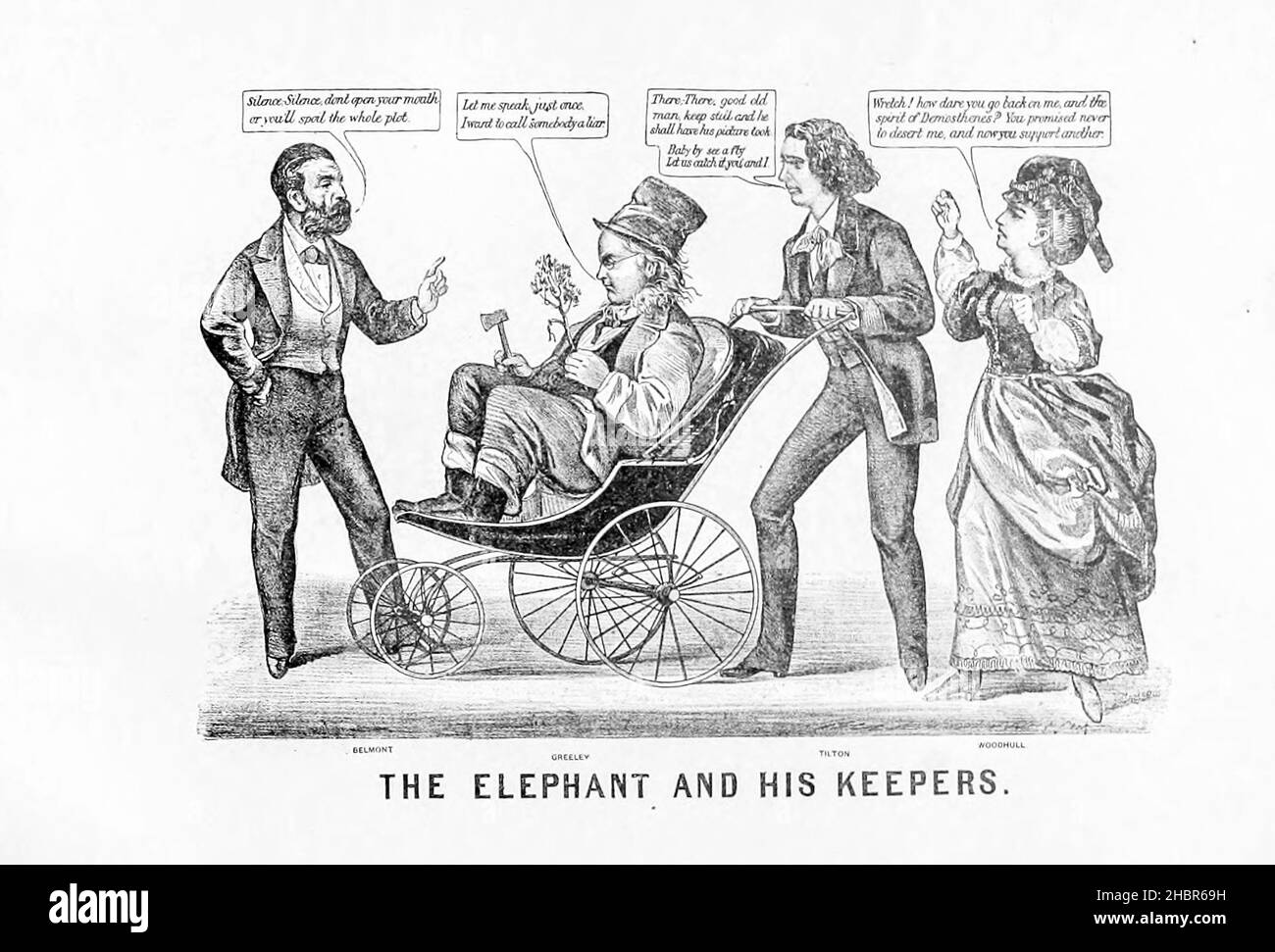 The Elephant and his Keepers from a collection of Caricatures pertaining to the Civil War published in 1892 on Heavy Plate Paper Stock Photo