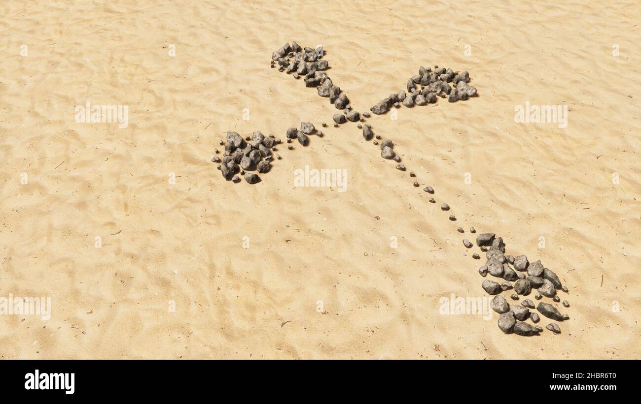 Concept conceptual stones on beach sand handmade symbol shape, golden sandy background, christian cross. A 3d illustration metaphor for God, Christ Stock Photo