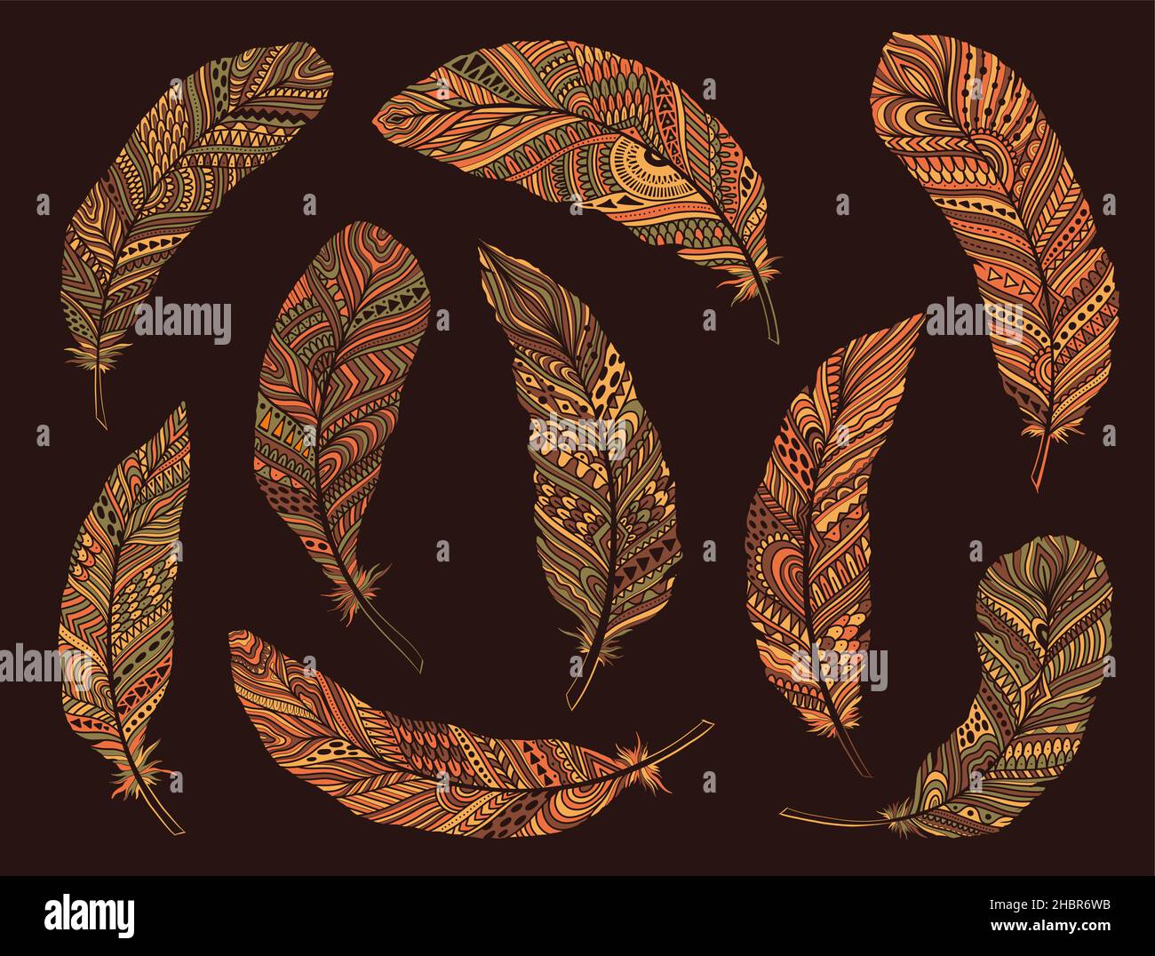 Tribal Feathers decoration set. Ethnic boho style hand drawing Stock ...