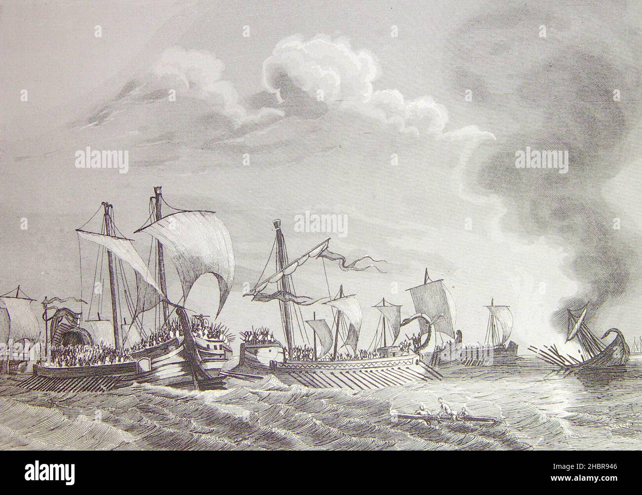 'Combate naval entre romanos y cartagineses en las aguas del Ebro'. Stock Photo