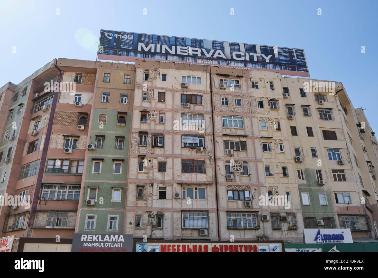 An old, Soviet, Russian, brutalist, modernist apartment building with