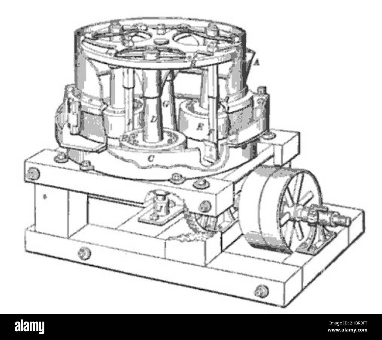 Cutaway drawing of a centrifugal roller mill for mining applications, 1913 Stock Photo