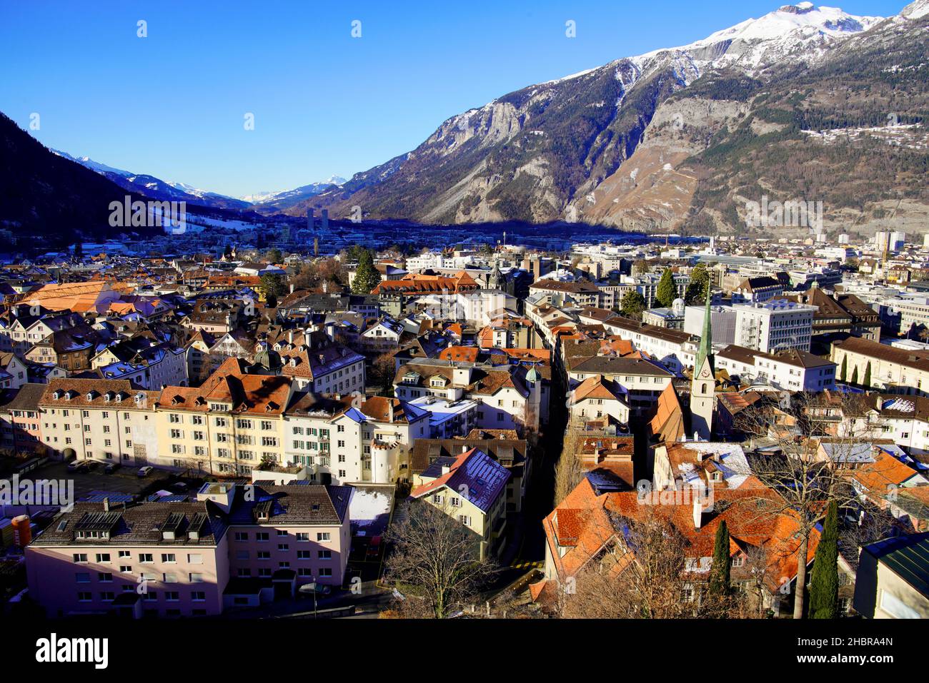 Elevated view of Chur Old Town in Swiss Alps.  Canton of Graubünden (Grisons), S witzerland. Stock Photo