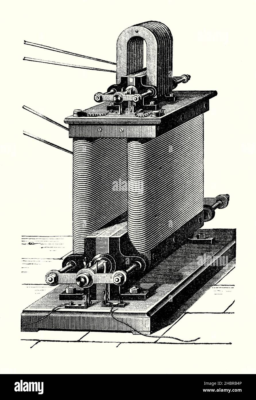 An old engraving of Wilde’s Machine, a magneto-electric device of the mid-1800s. It is from a Victorian book of the 1890s on discoveries and inventions during the 1800s. Here a small magneto (top) powers the field coils of a larger alternator below. Henry Wilde (1833–1919), from Manchester, England, used his self-made fortune to indulge his interest in electrical engineering. Wilde invented the powerful dynamo-electric machine, or self-energising dynamo. Wilde was fond of spectacular demonstrations, such as the ability of his machine to melt iron bars. Stock Photo