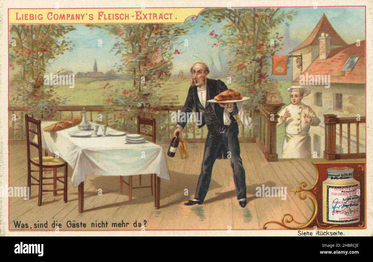 Serie Wo?, Wo sind die Gäste, Kellner bringt das bestellte Essen, seine Gäste sind inzwischen gegangen  /  Series Where?, Where are the guests, waiter brings the ordered food, his guests have left in the meantime, Liebigbild, digital improved reproduction of a collectible image from the Liebig company, estimated from 1900, pd  /  digital restaurierte Reproduktion eines Sammelbildes von ca 1900, gemeinfrei, genaues Datum unbekannt Stock Photo