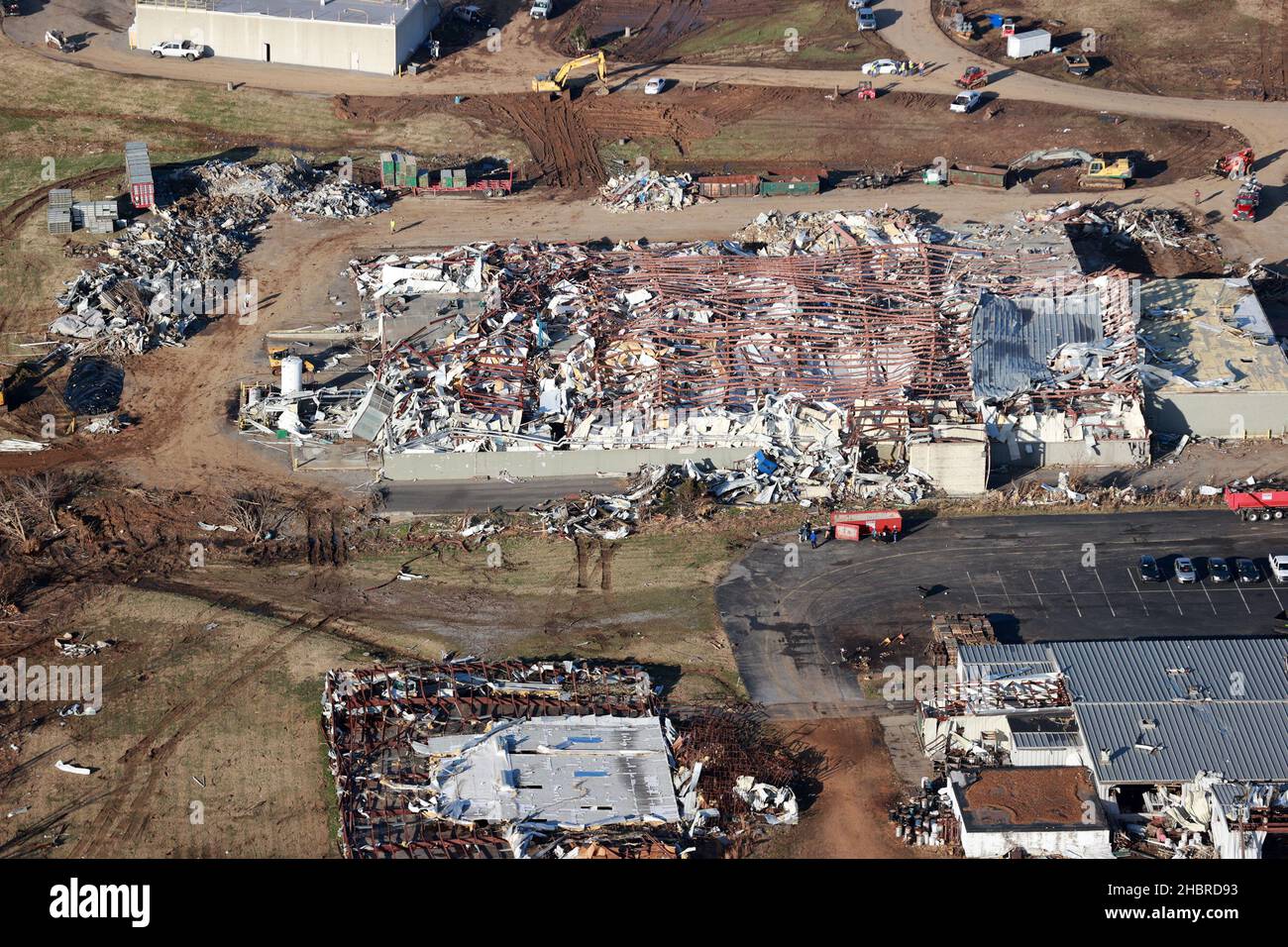 Mayfield, KY, USA. 20th Dec, 2021. Aerial view of the Mayfield Candle Factory in Mayfield, Kentucky, after rare December tornadoes ripped through Kentucky, resulting in the deaths of 78 people. Governor Beshar said, during a press conference, that there are no active search and rescue operations taking place in the state. December 20, 2021. Credit: Mpi34/Media Punch Credit: Media Punch Inc/Alamy Live News/Alamy Live News Stock Photo