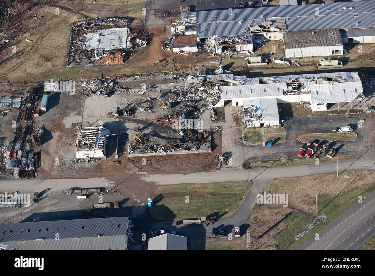Mayfield, KY, USA. 20th Dec, 2021. Aerial view of the Mayfield Candle Factory in Mayfield, Kentucky, after rare December tornadoes ripped through Kentucky, resulting in the deaths of 78 people. Governor Beshar said, during a press conference, that there are no active search and rescue operations taking place in the state. December 20, 2021. Credit: Mpi34/Media Punch Credit: Media Punch Inc/Alamy Live News/Alamy Live News Stock Photo