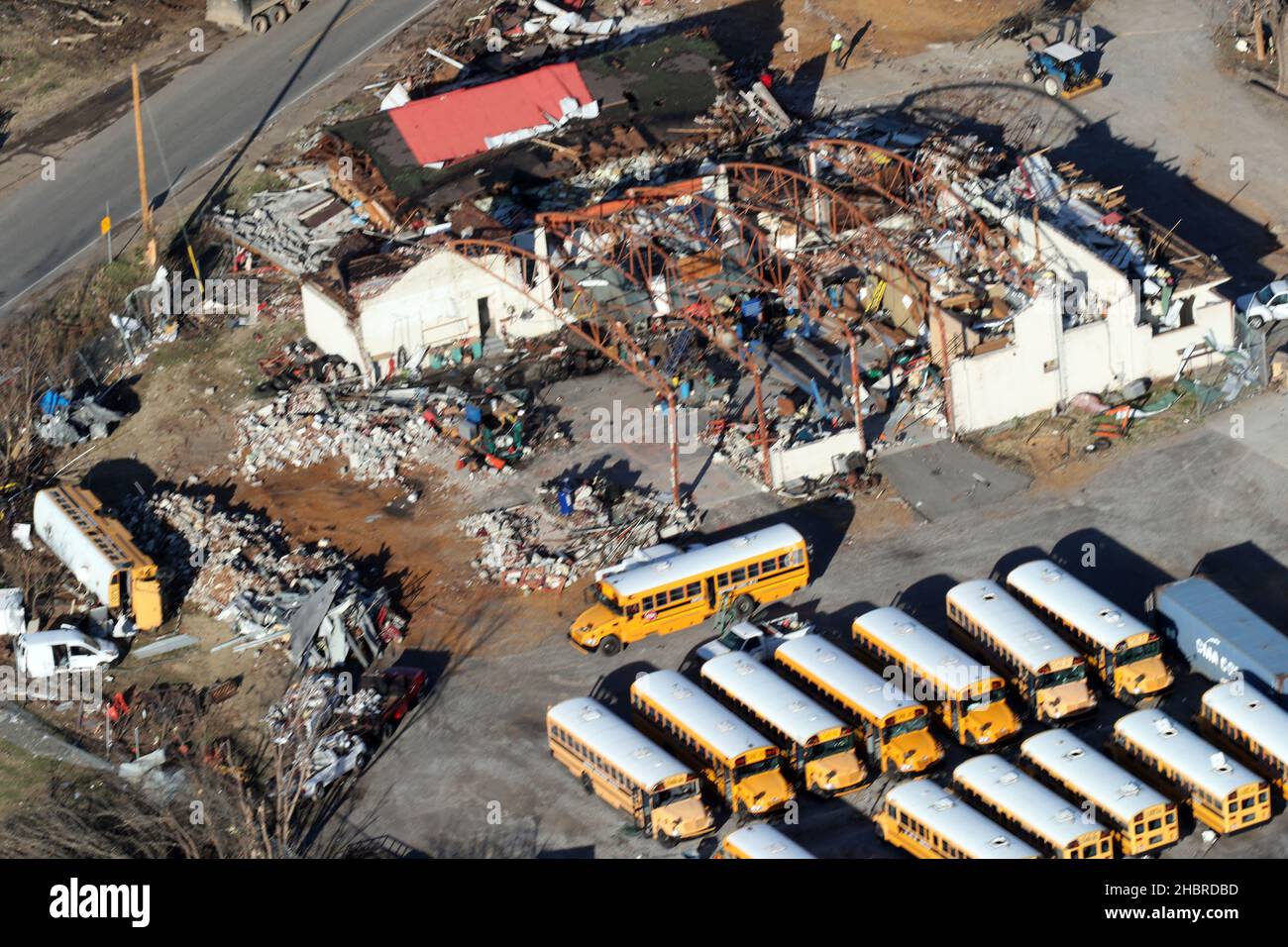Mayfield, KY, USA. 20th Dec, 2021. Aerial view of damages in Mayfield, Kentucky, after rare December tornadoes ripped through Kentucky, resulting in the deaths of 78 people. Governor Beshar said, during a press conference, that there are no active search and rescue operations taking place in the state. December 20, 2021. Credit: Mpi34/Media Punch/Alamy Live News Stock Photo