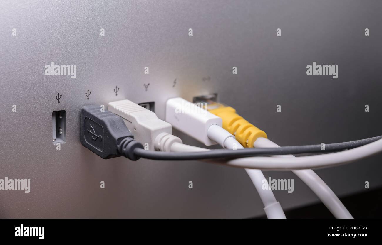USB, Thunderbolt and cables connected to ports on the back of