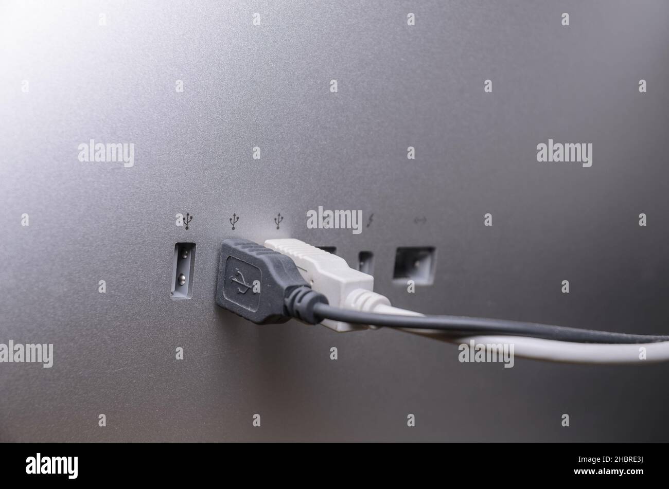 USB cables connected to ports on the back of an Apple Thunderbolt Display Stock Photo