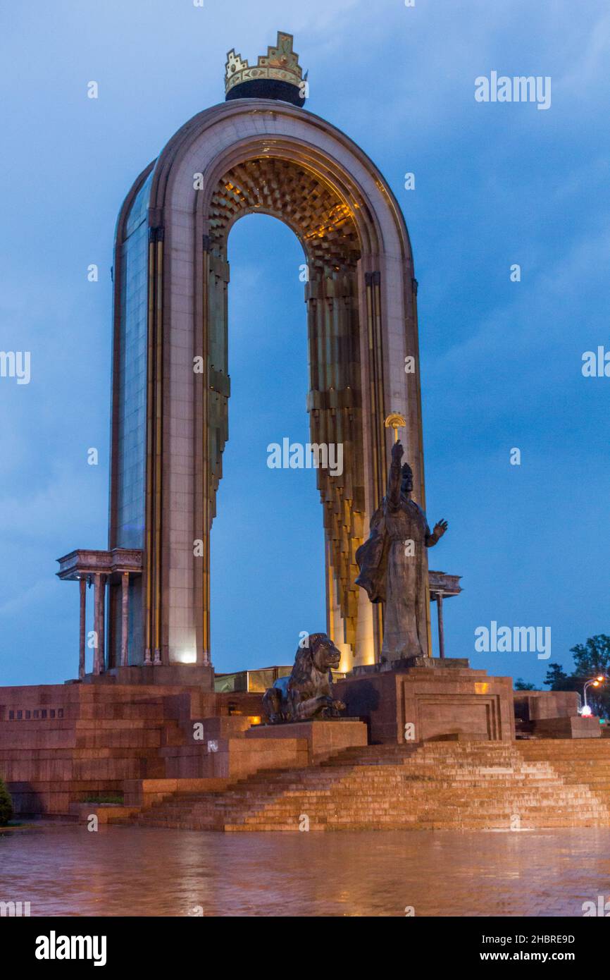 DUSHANBE, TAJIKISTAN - MAY 14, 2018: Evening view of Ismoil Somoni monument in Dushanbe, Tajikistan Stock Photo