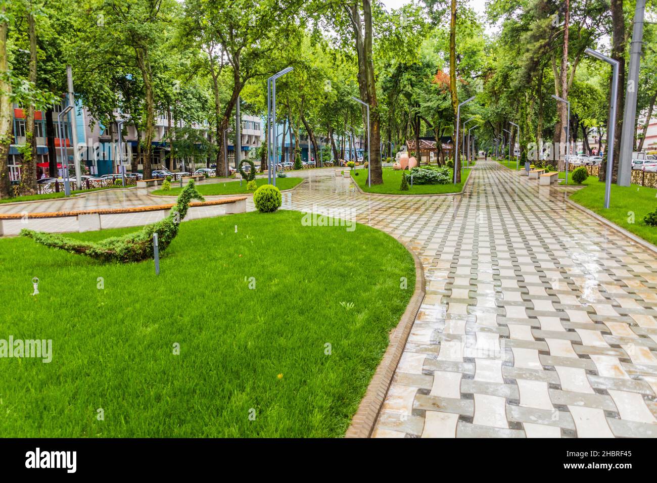 Park at Rudaki Avenue in Dushanbe, capital of Tajikistan Stock Photo