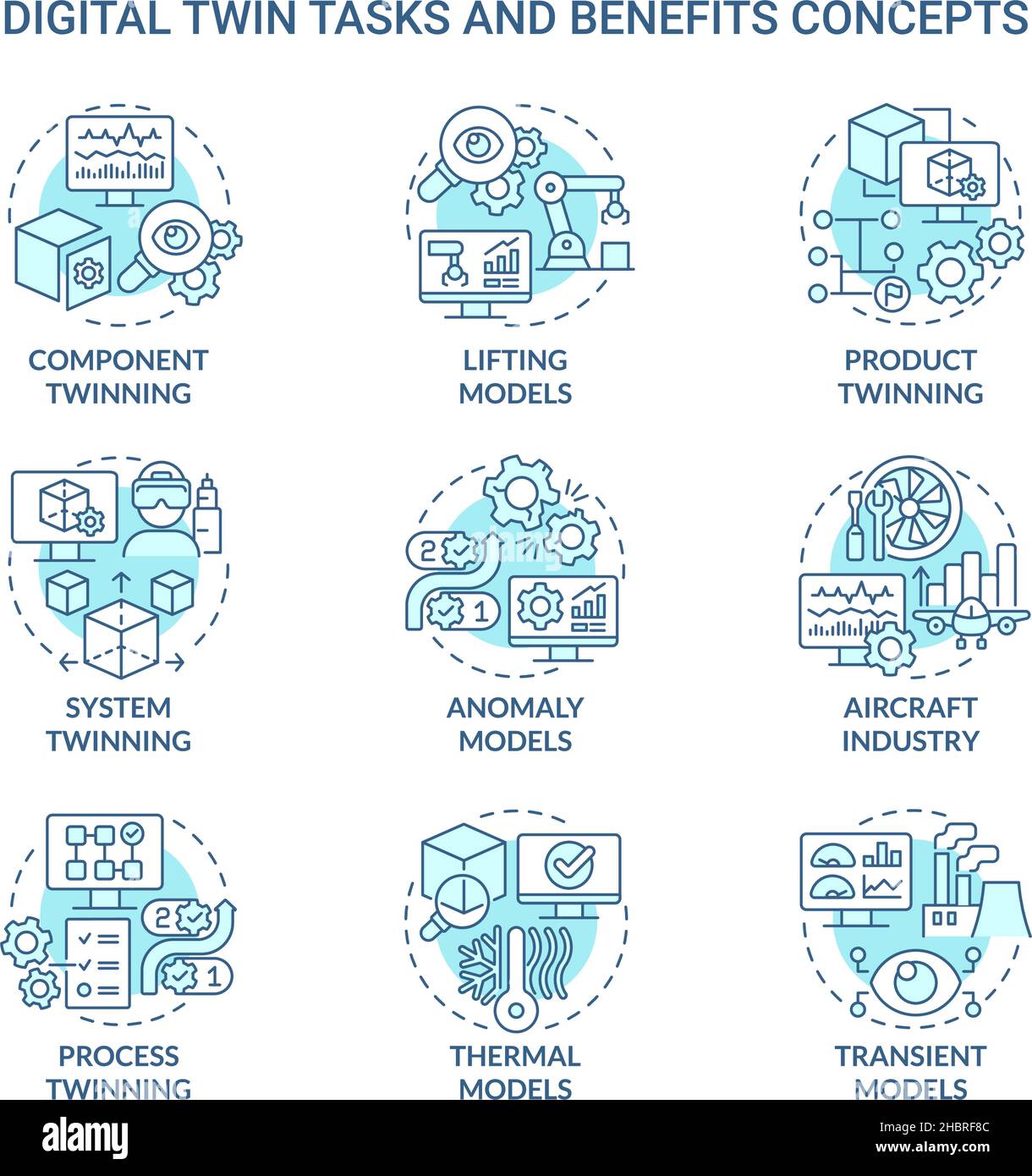 Digital twin tasks turquoise concept icons set Stock Vector