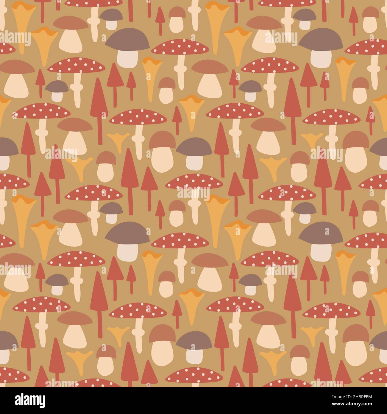 Mushrooms endless background. Decorative seamless pattern on yellow background. Stock Vector