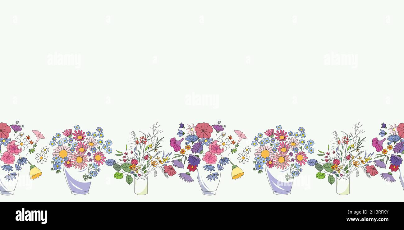 Flower bouquet seamless vector border. Repeating horizontal pattern vases with various flowers. Stock Vector