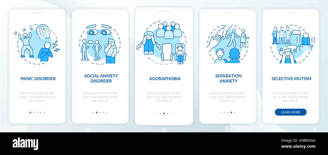 Types of anxiety disorders blue onboarding mobile app screen Stock ...