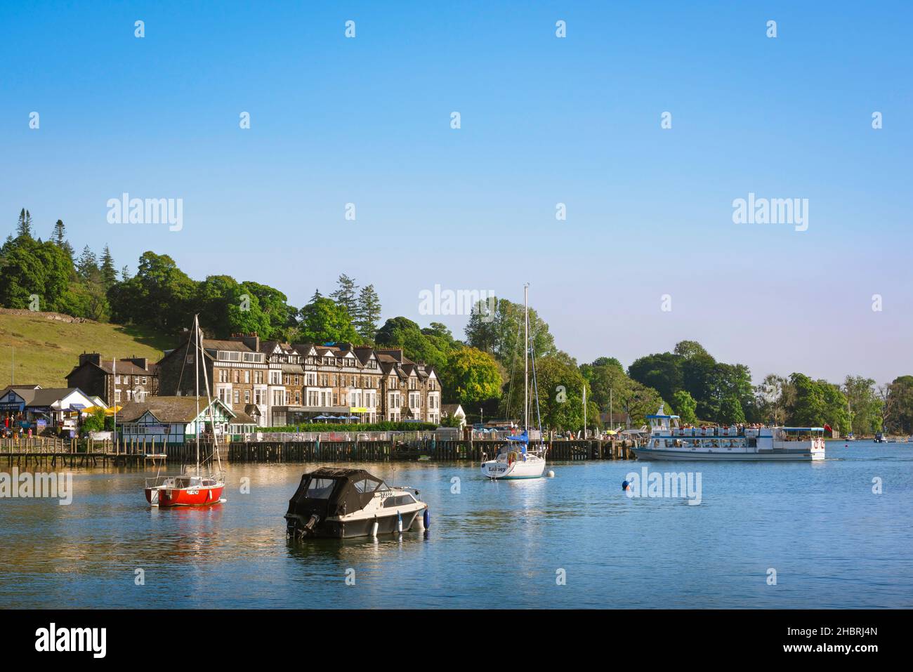 Waterhead Lake District, view in summer of the harbour in Waterhead at the north end of Lake Windermere, Cumbria, England, UK Stock Photo