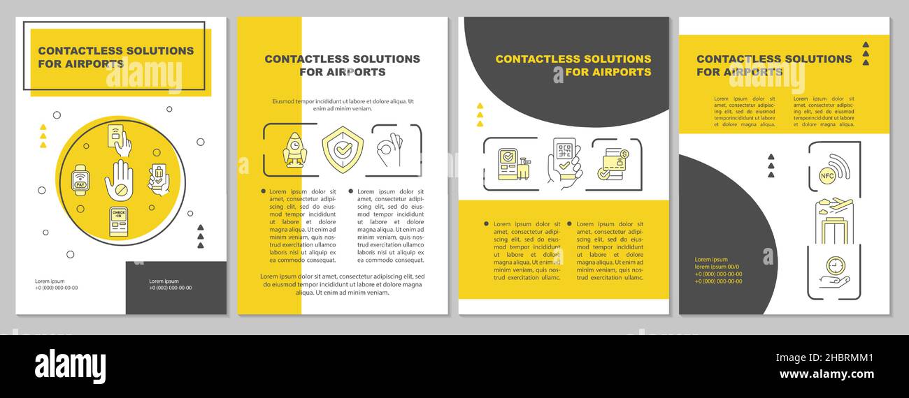 Contactless solution for airport yellow brochure template Stock Vector