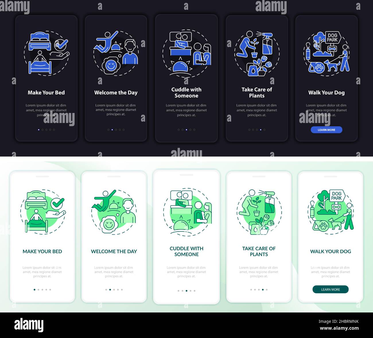 Daily routine tips night and day mode onboarding mobile app screen ...
