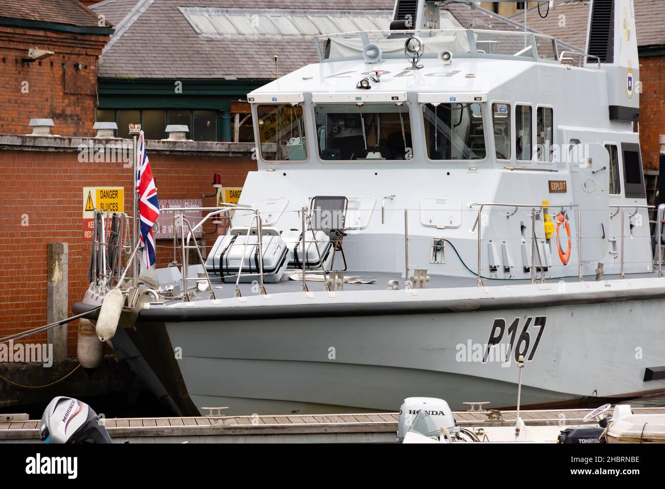HMS Exploit, P167, Archer Class inshore patrol vessel, moored in the Underfall shipyard, Bristol Harbour. Bristol city, England Stock Photo