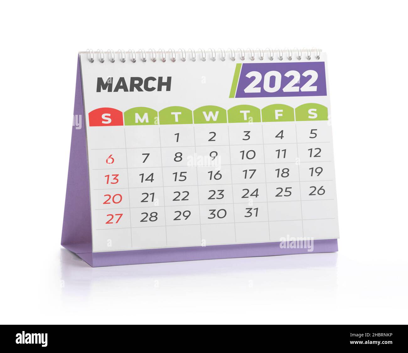 March White Office Calendar 2022 Isolated on White Stock Photo