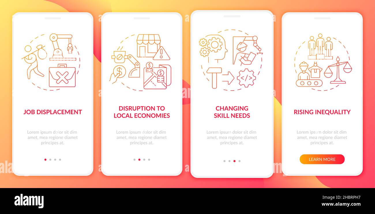 Negative automation impact on society red gradient onboarding mobile app screen Stock Vector