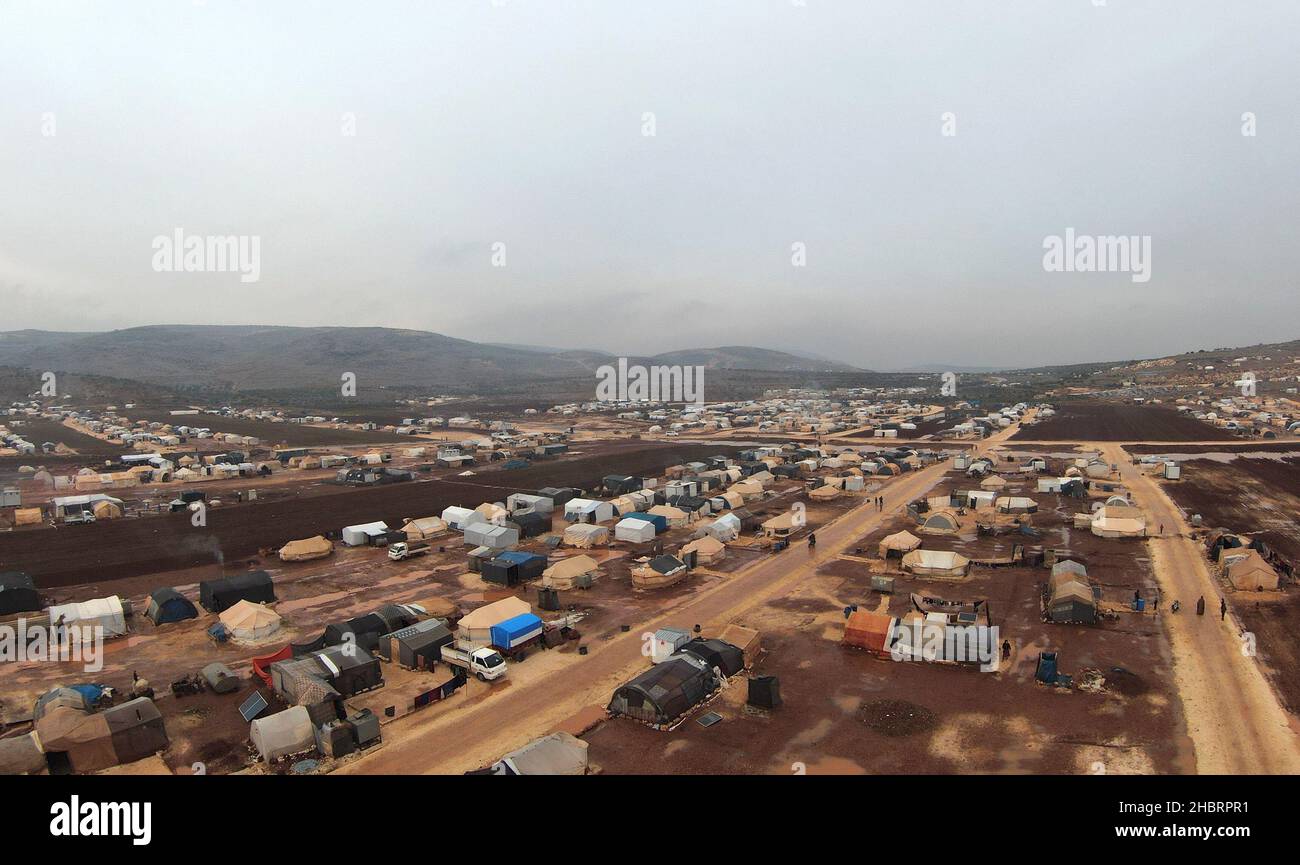 An aerial view of Kafr Arouk camp for internally displaced after a heavy rainfall in Idlib, Syria December 20, 2021. Picture taken with a drone on December 20, 2021. REUTERS/Khalil Ashawi Stock Photo