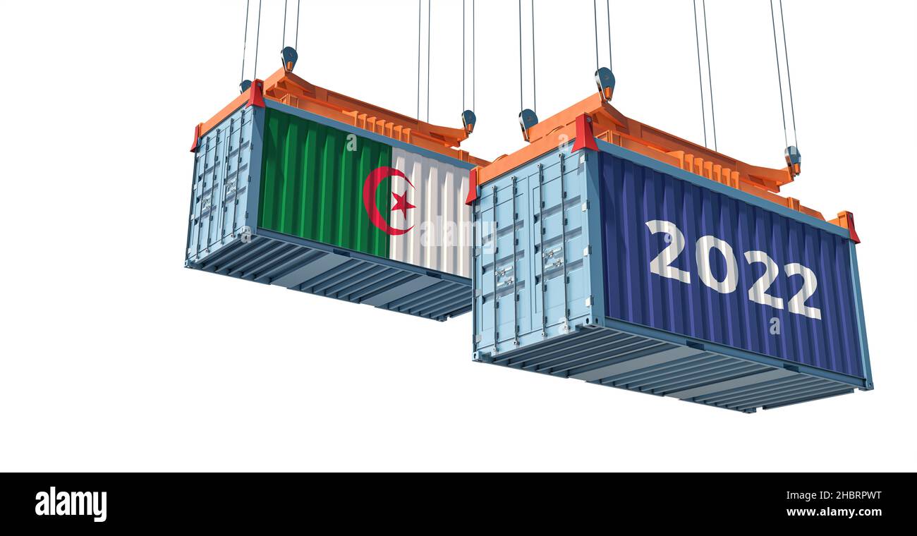 Trading 2022. Freight container with Algeria flag. 3D Rendering Stock Photo