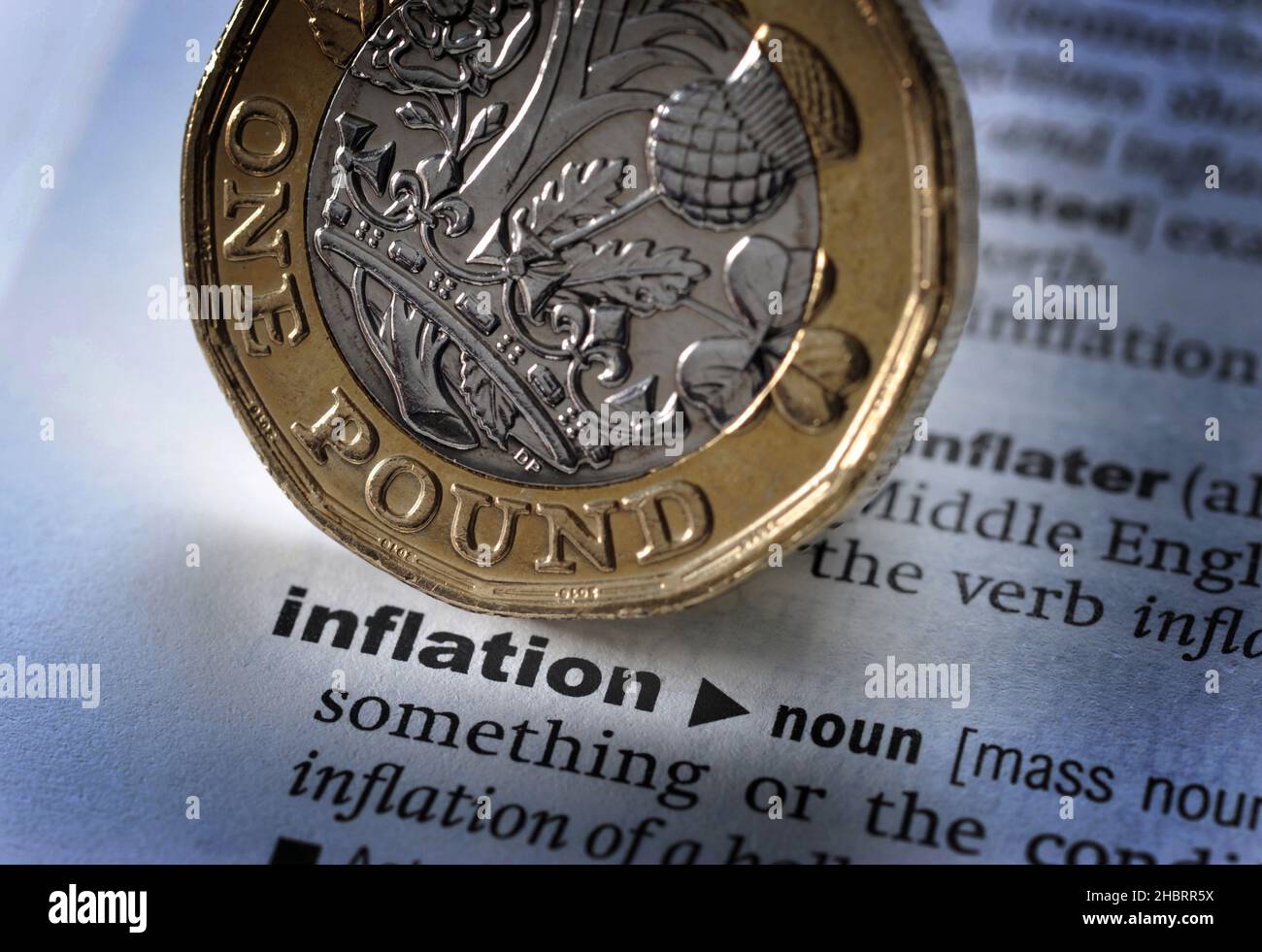 DICTIONARY DEFINITION OF WORD INFLATION WITH ONE POUND COIN RE THE ECONOMY SAVINGS HOUSEHOLD BUDGETS ETC UK Stock Photo