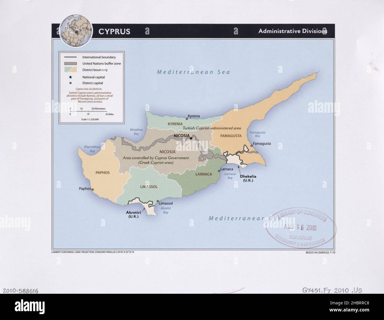 Map of Cyprus shows administrative districts, district administrative