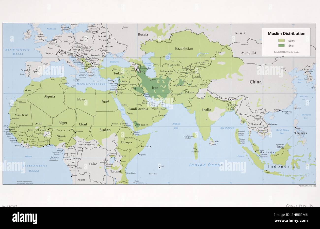 Map of Muslim distribution in 1995. Shows Sunni and Shia sect regions 