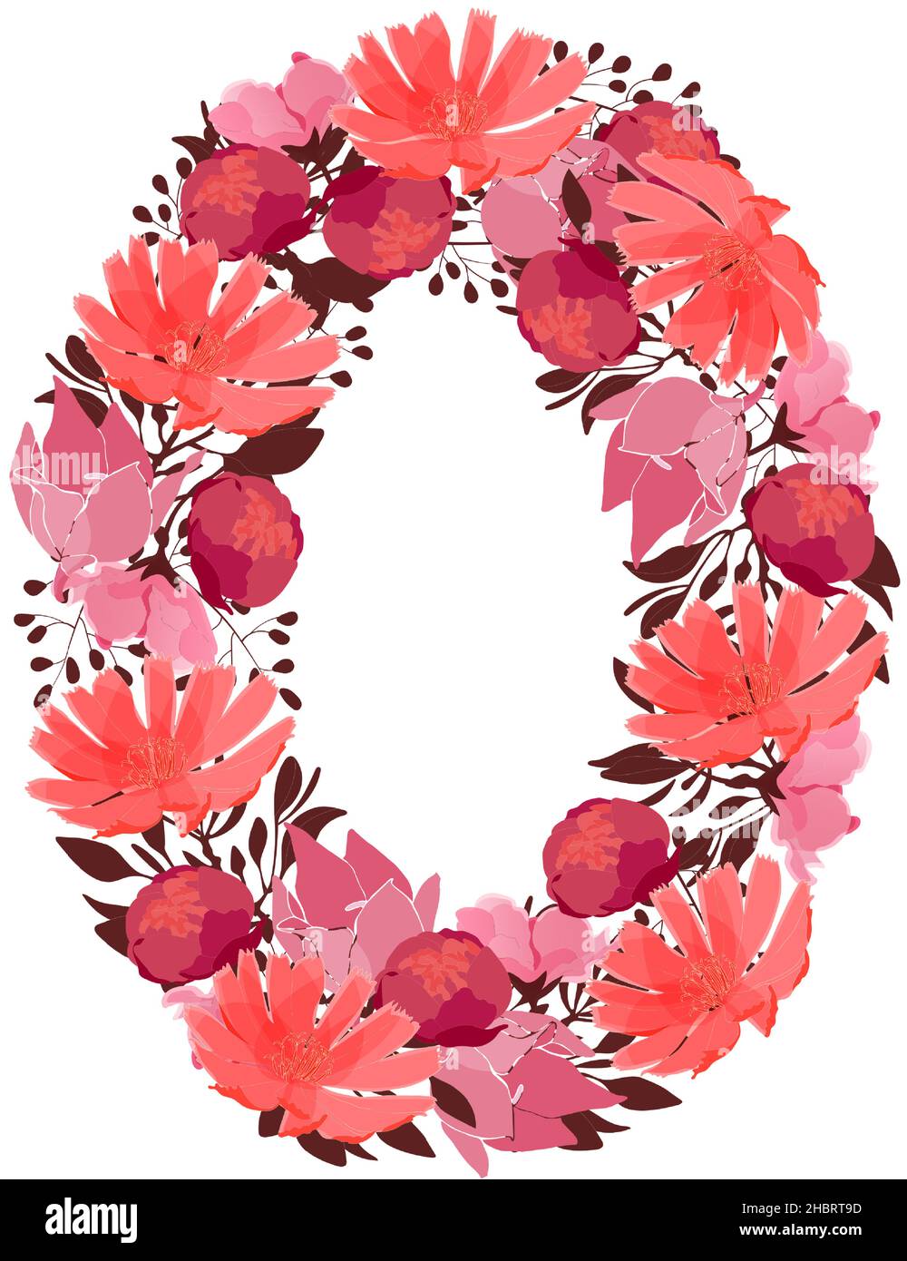 Vector flower number 0. Botanical character, figure. Pink, maroon, coral color flowers. Stock Vector