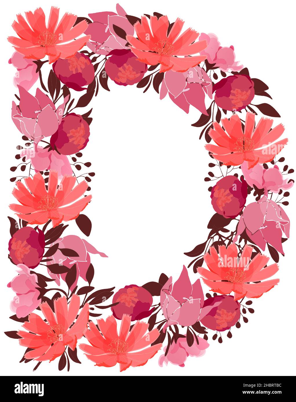 Vector floral capital letter, character D. Botanical monogram. Pink, maroon, coral color flowers. Stock Vector