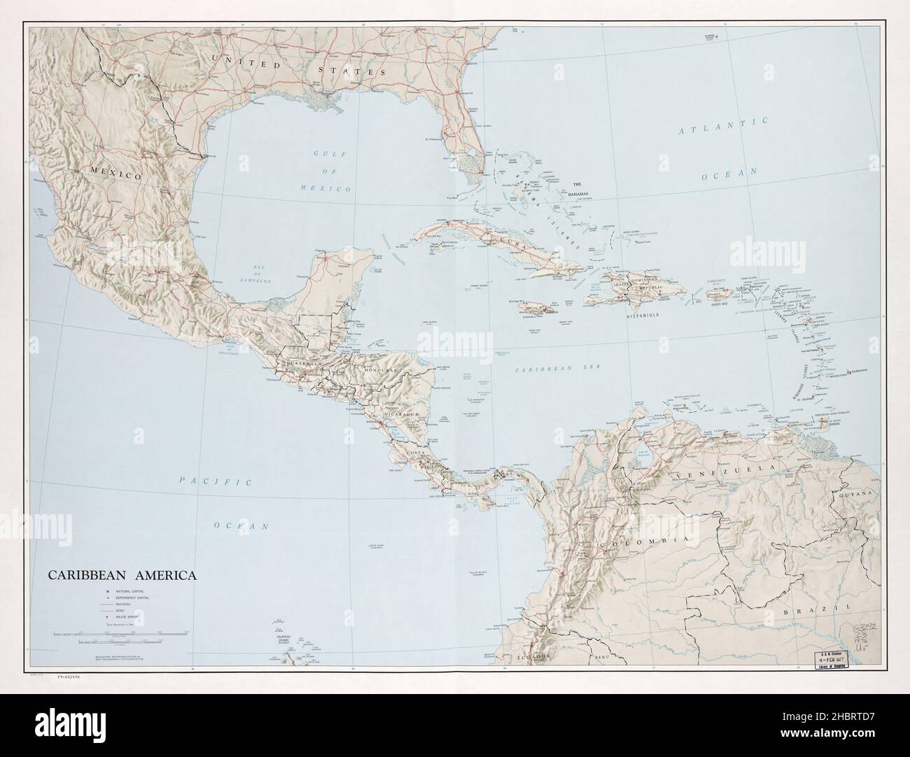 Caribbean America map which shows southern United States, Mexico, Central America, West Indies, and northern South America ca.  1976 Stock Photo