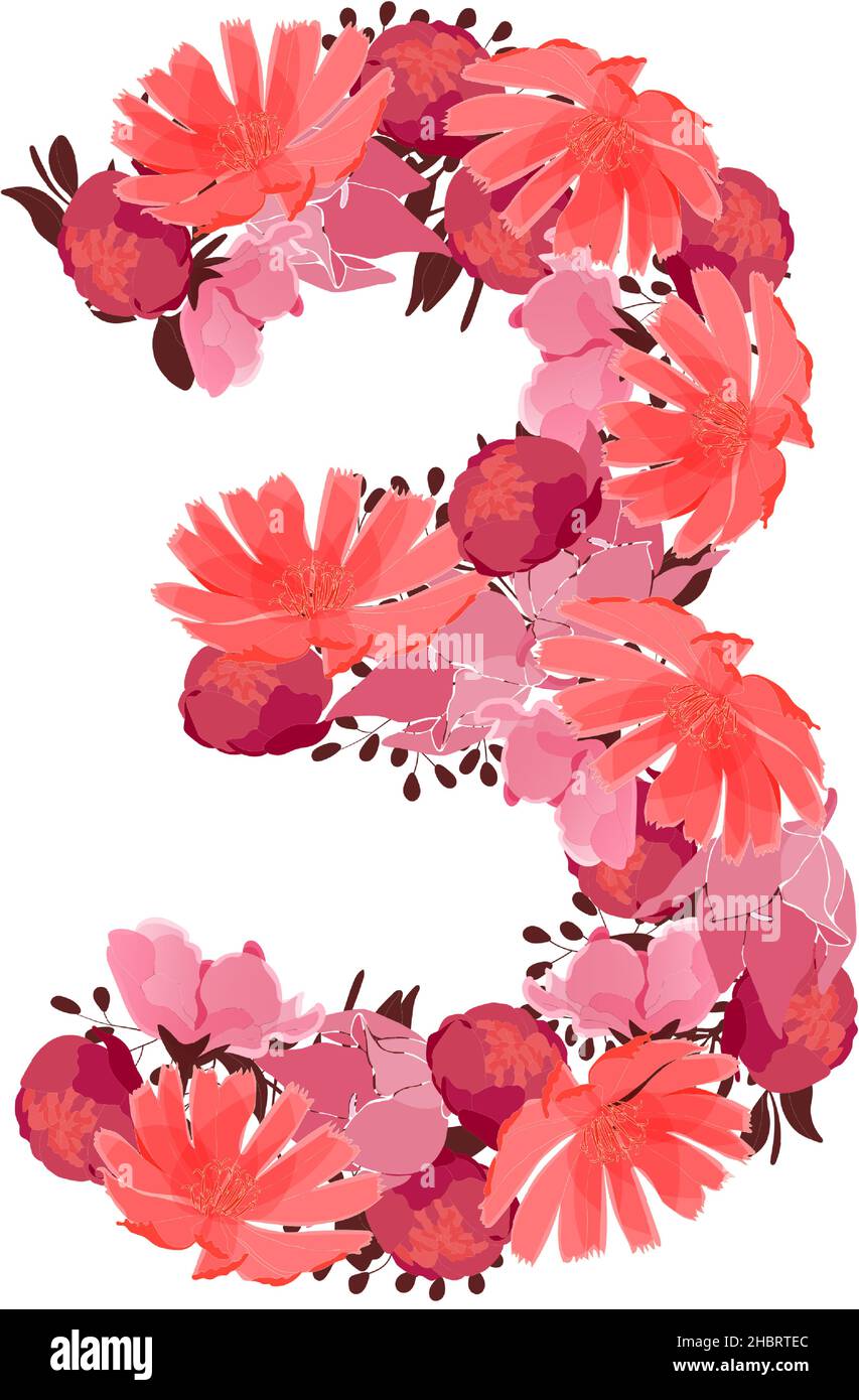 Vector flower number 3. Botanical character, figure. Pink, maroon, coral color flowers. Stock Vector