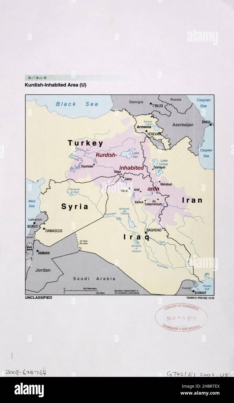 Map of Kurdish inhabited areas of Turkey, Iran, Iraq, Armenia and Syria ca.  2002 Stock Photo