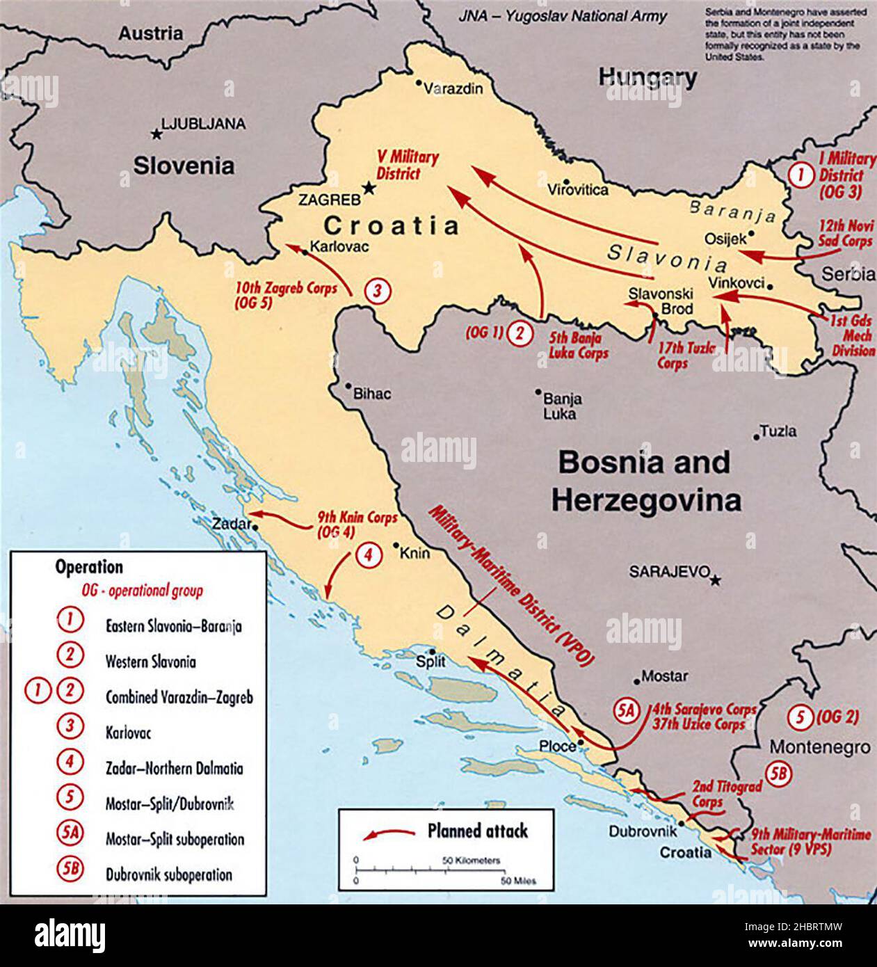 Map of the Strategic offensive plan of the Yugoslav People's Army in Croatia, 1991 Stock Photo