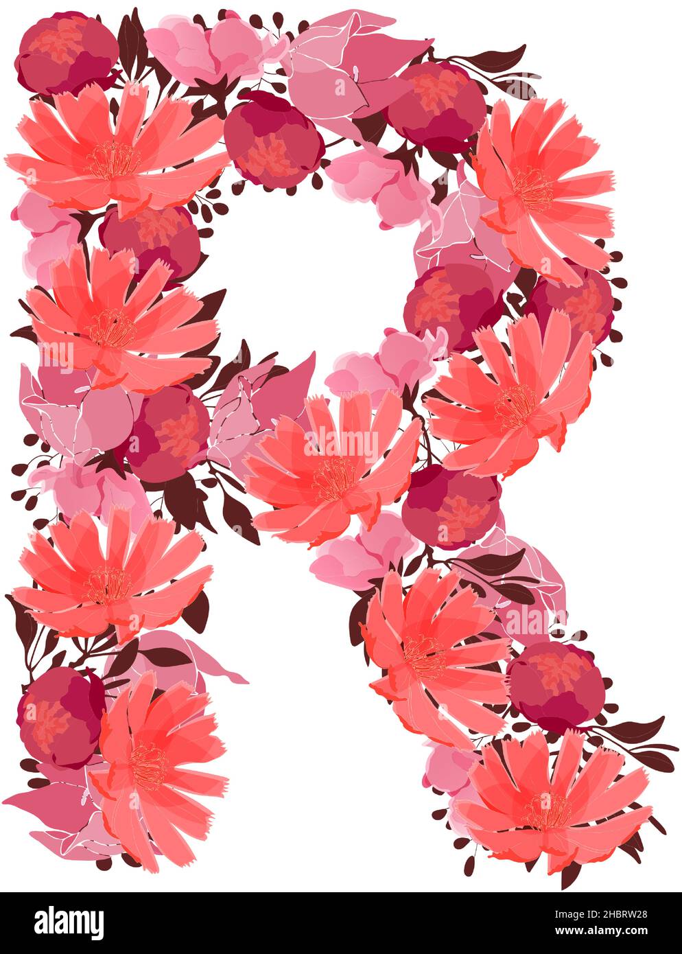 Vector floral letter, capital character R. Botanical monogram. Pink,  maroon, coral color flowers Stock Vector Image & Art - Alamy