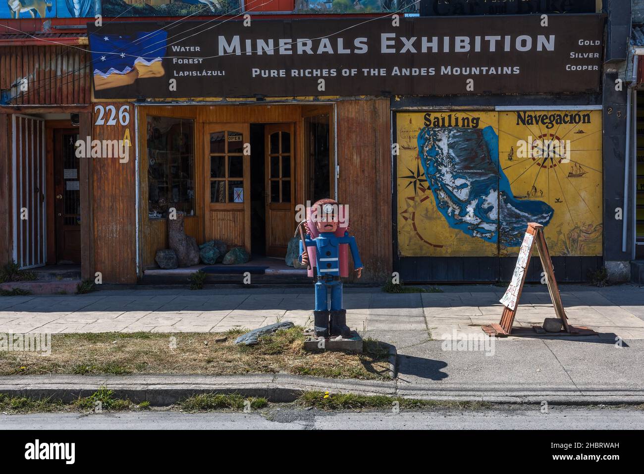 A quirky trash can in downtown Puerto Natales, Patagonia, Chile Stock Photo