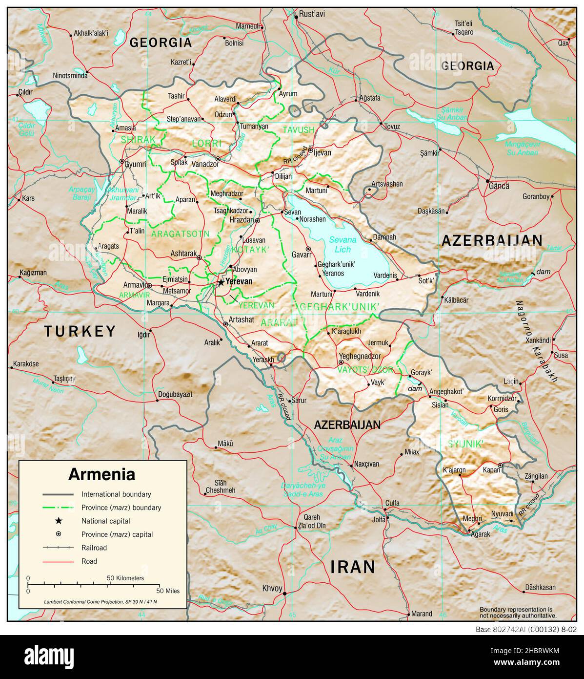 Topographic map of Armenia (shaded relief), 2002 Stock Photo