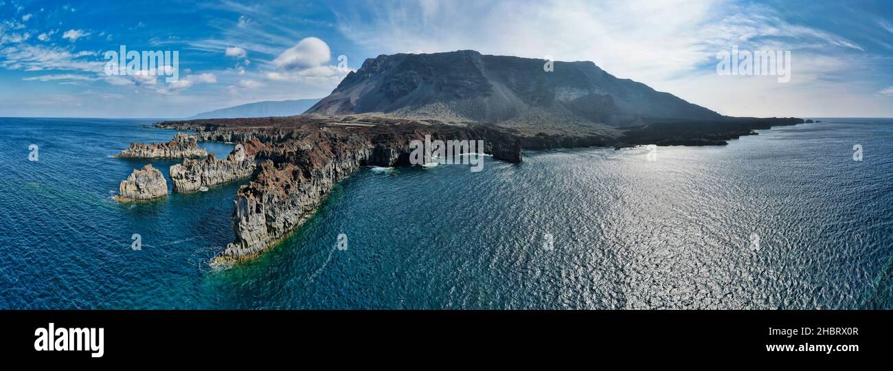 Aerial panoramic view of Northwest coast of El Hierro (Canary Islands) near Arco de la Tosca Stock Photo