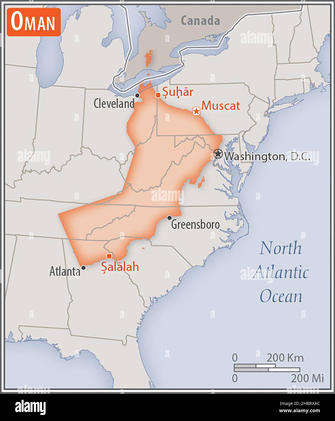 Map of Oman. Comparison of the areas of two countries. The area of Oman