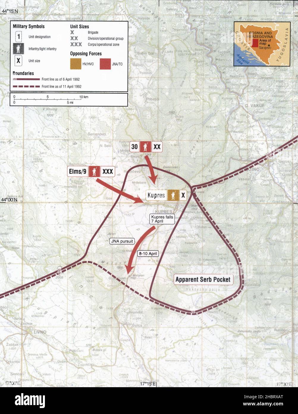 1992 Military Map of Kupres Bosnia Stock Photo
