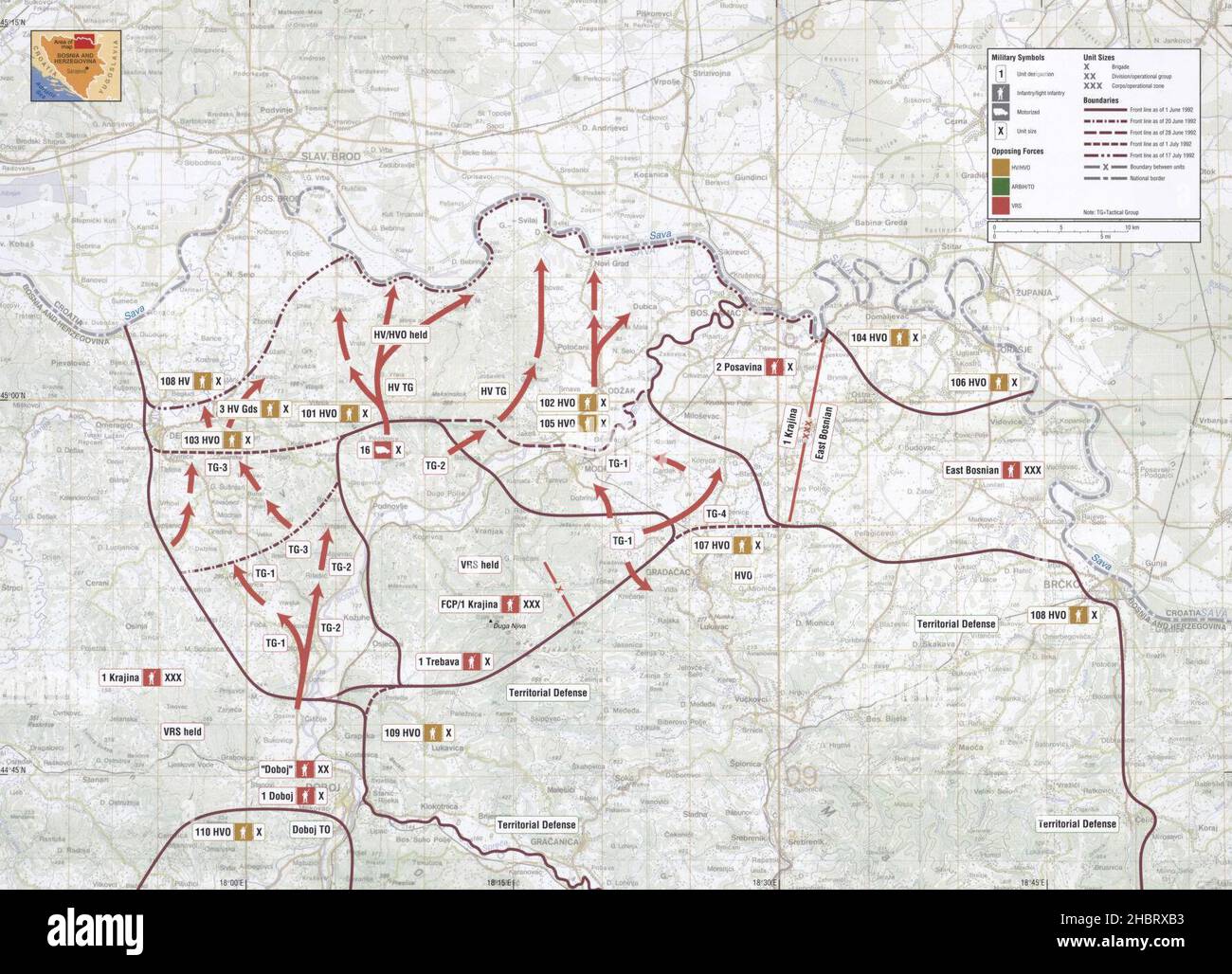Map of the Posavina Corridor (Operation Corridor 92 of the Serbian Army) in June-July 1992 Stock Photo