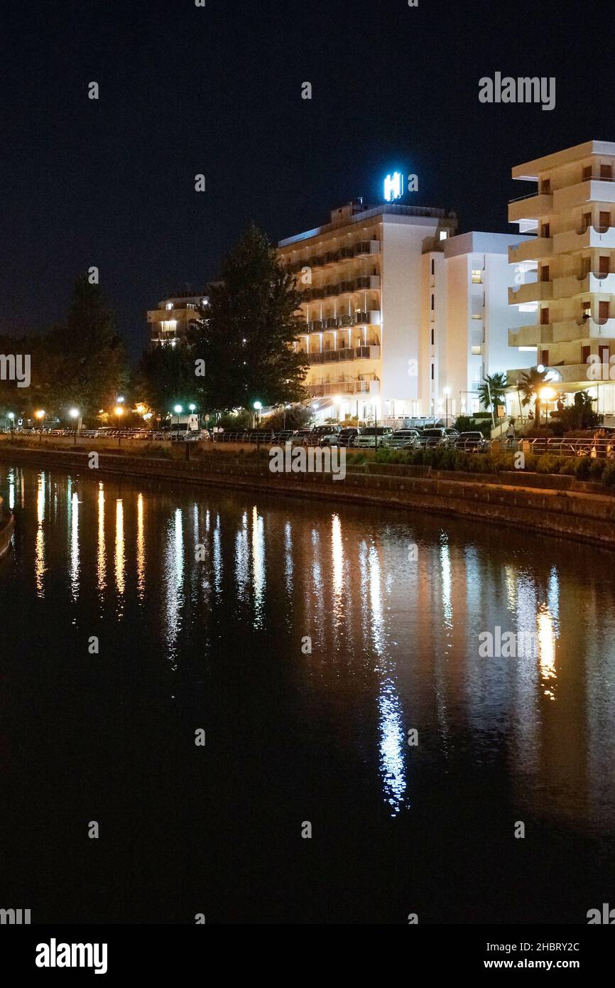 Night view from the bridge of Via Carducci street, Cattolica, Emilia Romagna, Italy, Europe Stock Photo